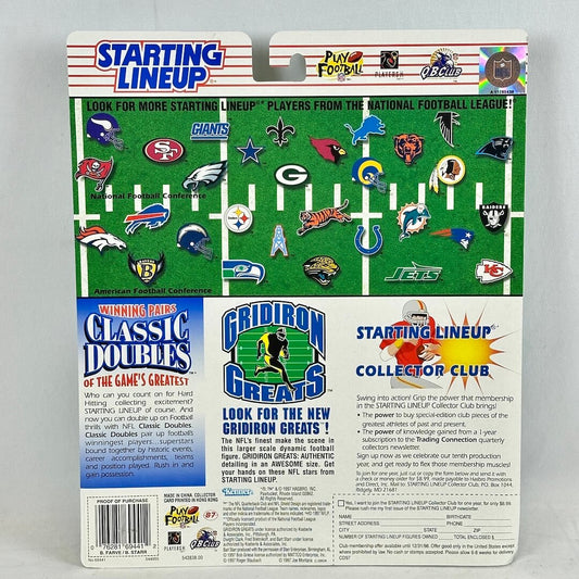 Starting Lineup toy packaging with football field design and logos on a gray background