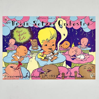 Brightly colored concert poster with cartoon babies as main image against white background. 