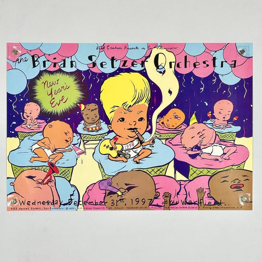 Brightly colored concert poster with cartoon babies as main image against white background. 
