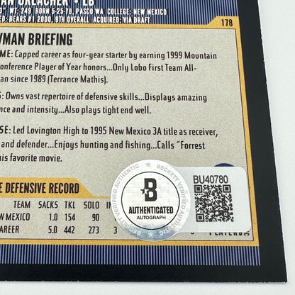 Football card with player information and autograph authentication details