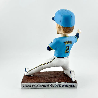 Bobblehead of baseball player in blue uniform throwing a ball against a white background. 