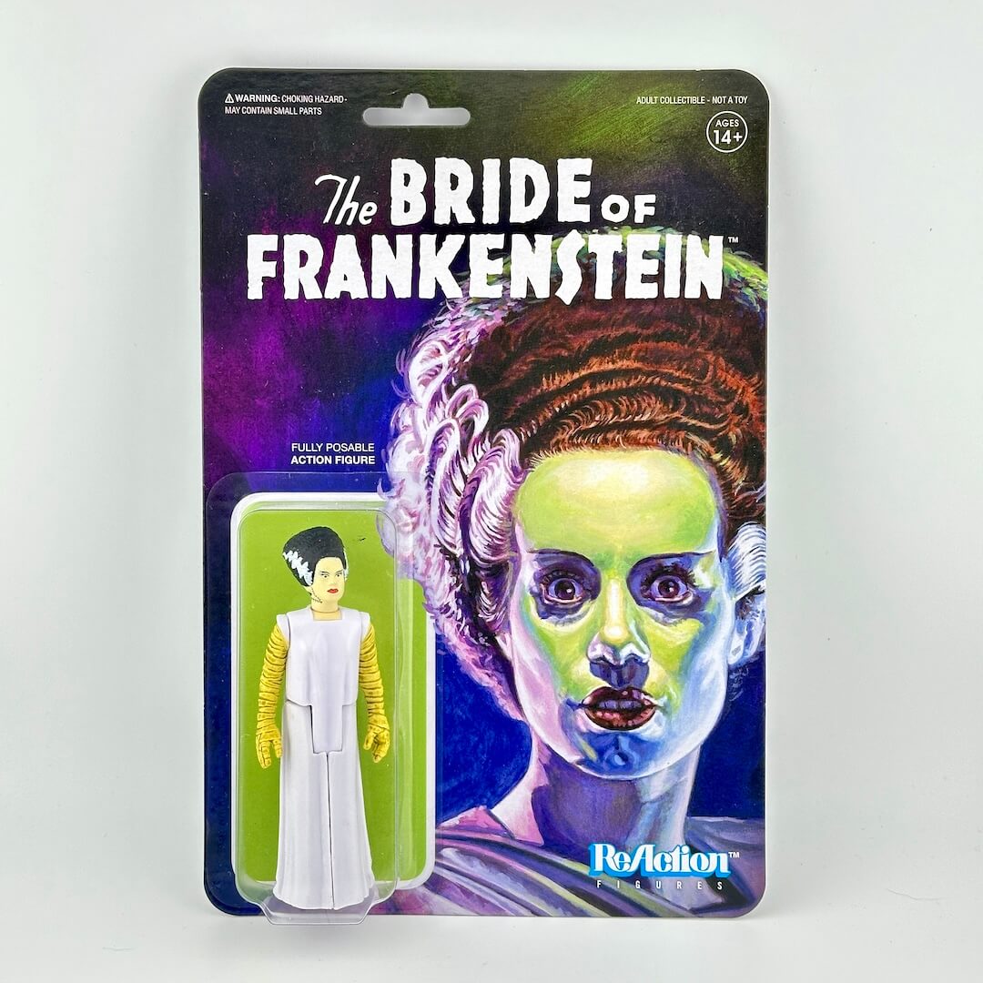 Action figure packaging for 'The Bride of Frankenstein' with colorful design and character illustration.