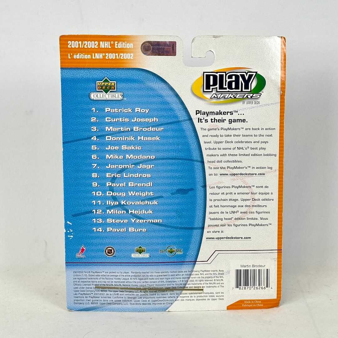 Back of a hockey trading card packaging with player names and branding.