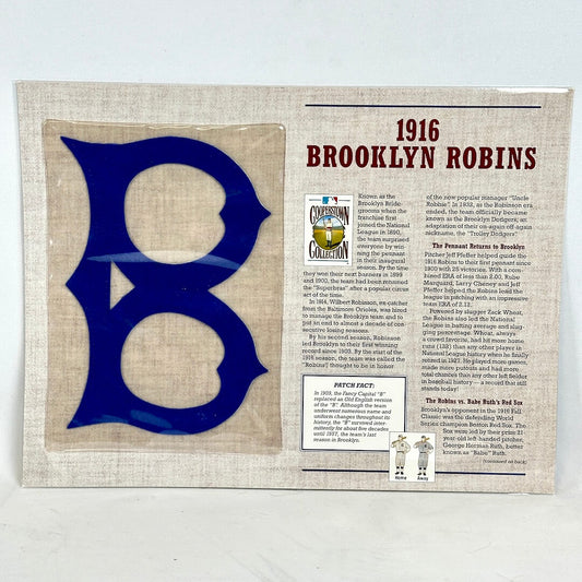 Document with a blue 'B' logo and text about 1916 Brooklyn Robins baseball team on a beige background.