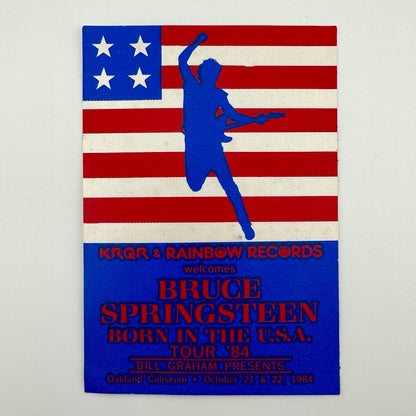 Rectangular Bruce Springsteen pass with red white & blue flag, silhouette & text. 