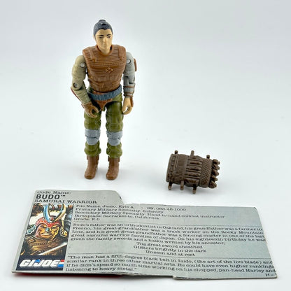 Action figure with accessories and character card on a white background