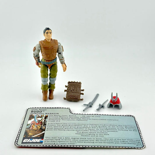 Toy figure with accessories and card on a white background