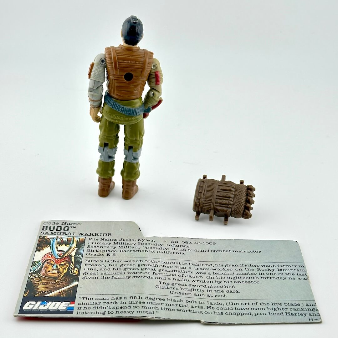 G.I. Joe action figure with accessories and card on a white background