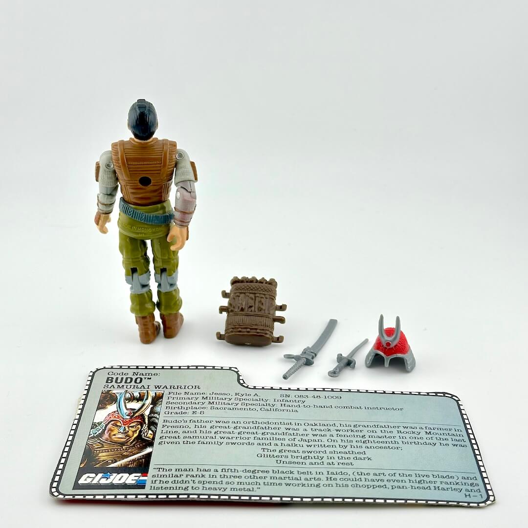 Toy figure with accessories and card on a white background