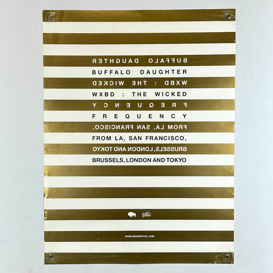 Gold and white striped poster with text in block in center on white background. 