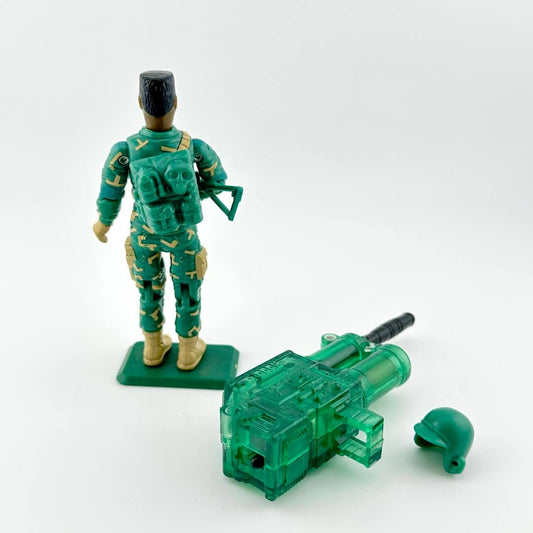 Toy soldier in green camouflage uniform with a transparent green gun on a white background
