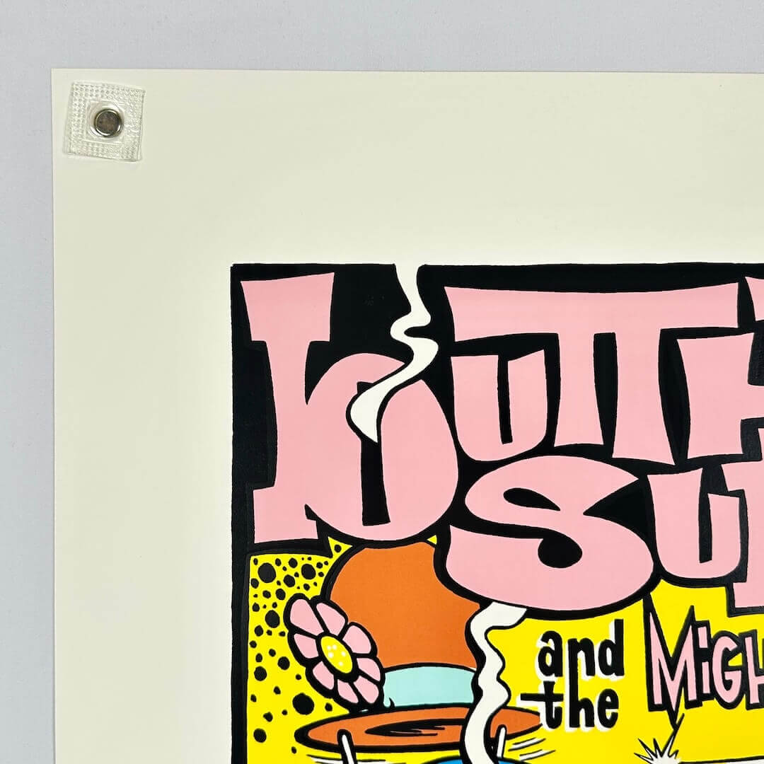 Colorful graphic with text and abstract shapes on a beige background