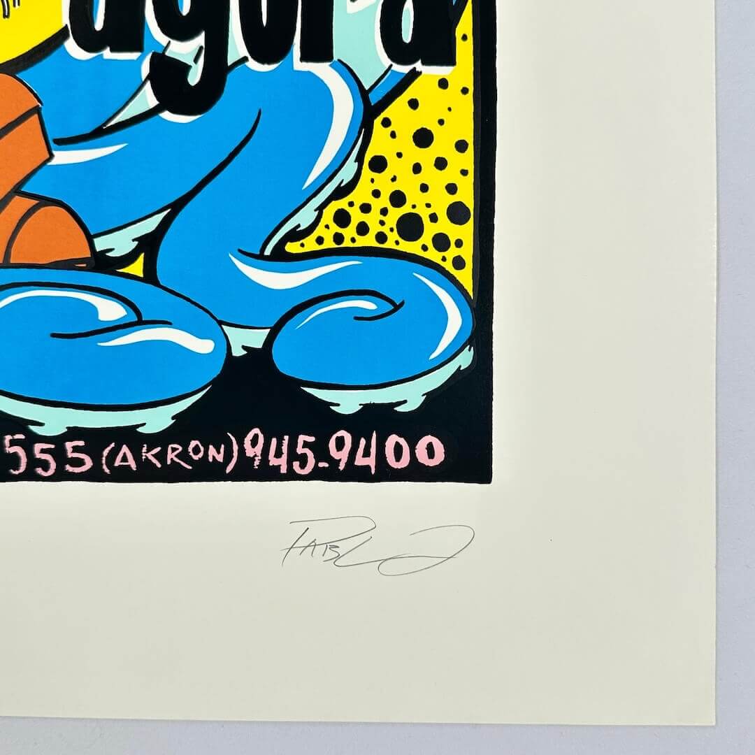 Colorful graphic with blue feet, yellow background, and text on a light gray background