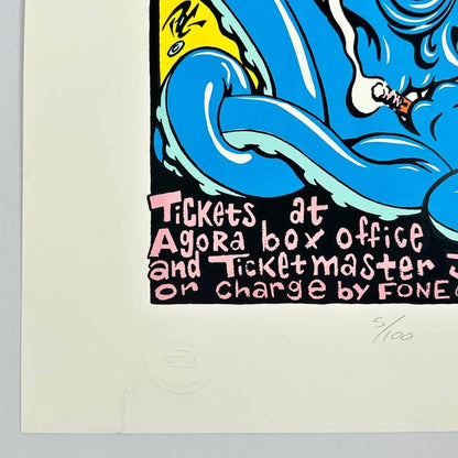 Artistic poster with blue wave design and text about tickets at Agora box office and Ticketmaster.