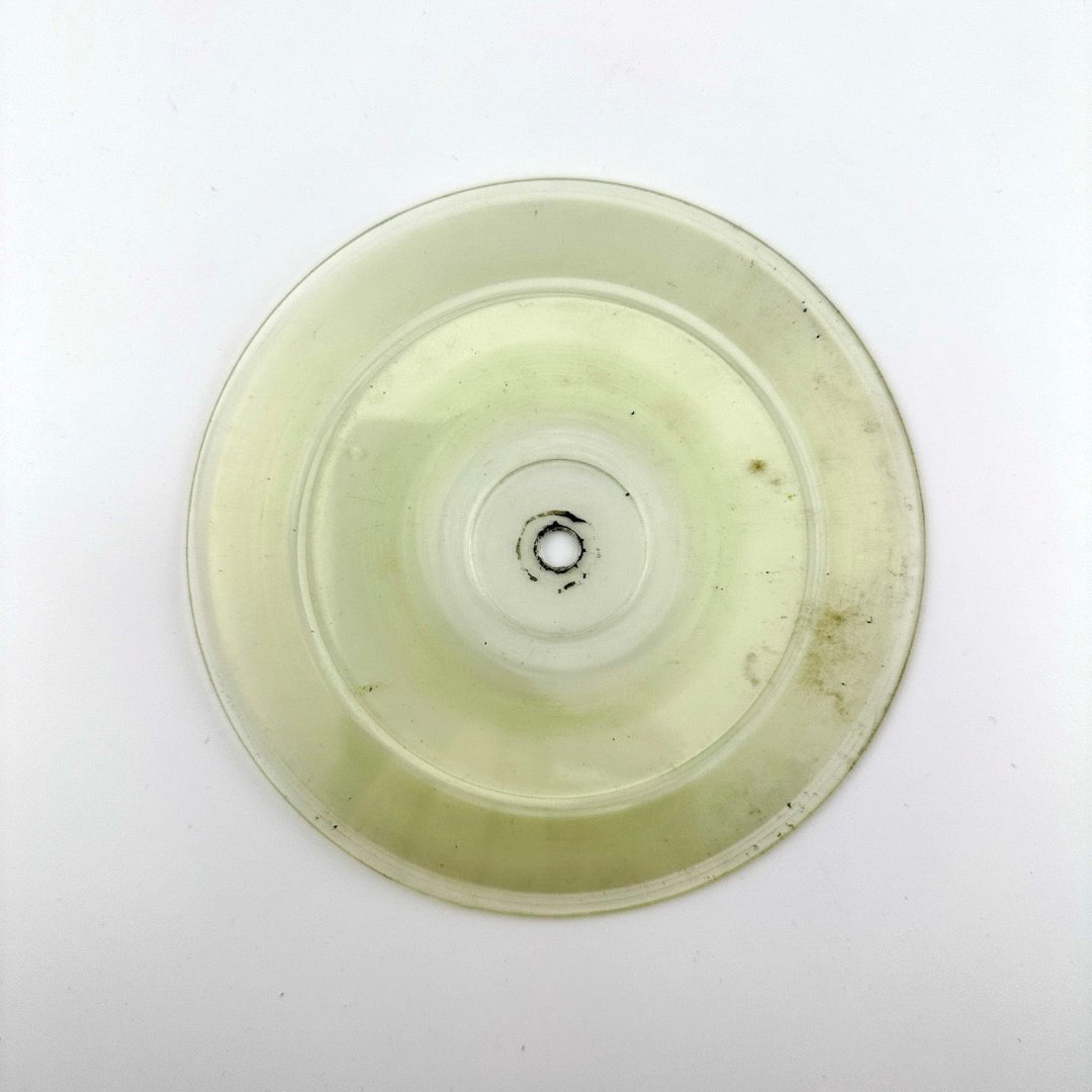 Image of one side of clear vinyl disc included with VHS.