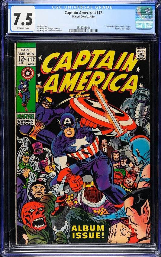 Captain America #112 comic cover, brightly colored, encased in plastic, CGC graded 7.5 with holo sticker.