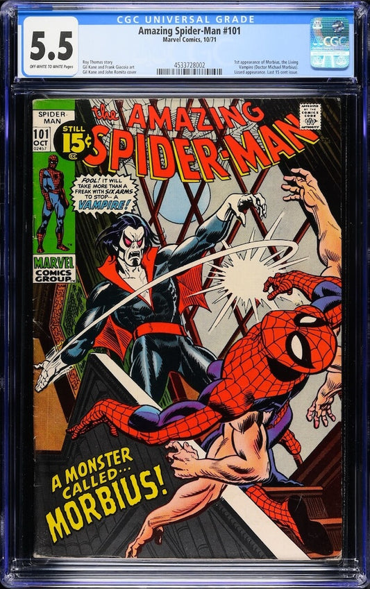 Spiderman #101 comic cover, brightly colored, encased in plastic, CGC graded 5.5 with holo sticker.