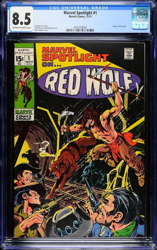 Marvel Spotlight on Red Wolf #1 comic cover, brightly colored, encased in plastic, CGC graded 8.5 with holo sticker.