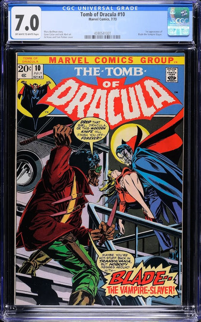 Plastic encased Tomb of Dracula comic with grading info banner at top. Main image is Blade threatening Dracula. 