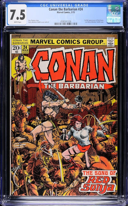 Plastic encased Conan comic book with grading information banner at top. Main scene is sword fighting battle.