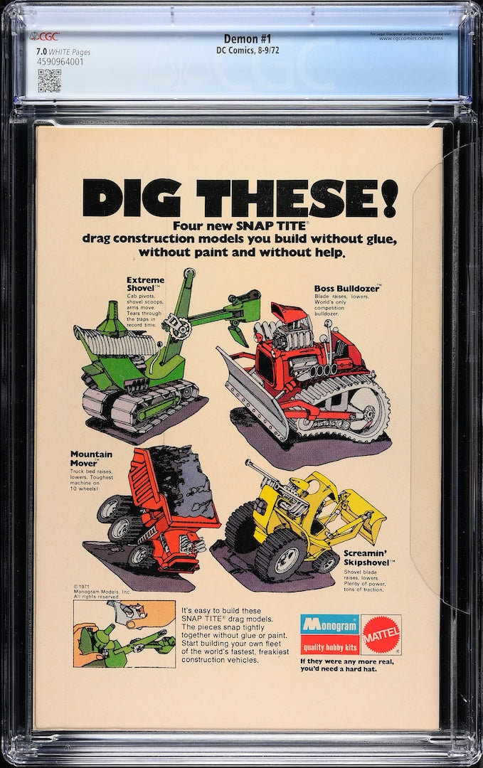Backside of plastic encased comic book with ad for Mattel construction models.