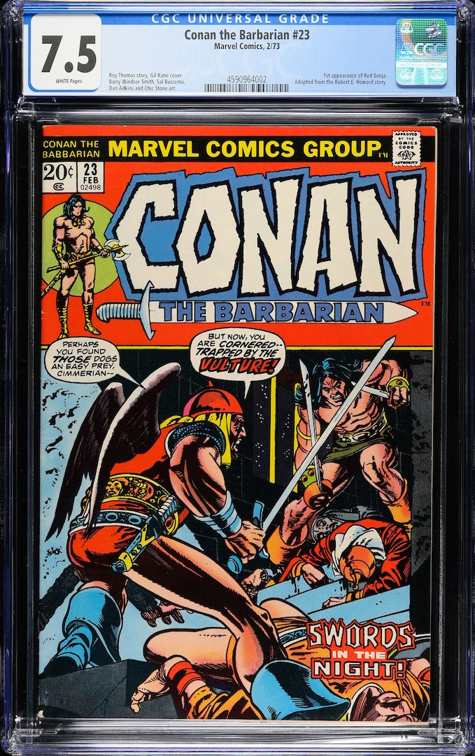 Plastic encased Conan comic book with grading information banner at top. Main scene is sword fighting sequence.
