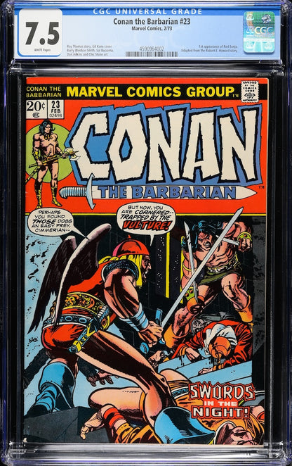 Plastic encased Conan comic book with grading information banner at top. Main scene is sword fighting sequence.