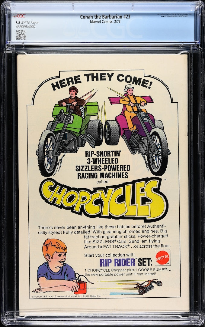 Backside of plastic encased comic book with ad for Rip Rider Set by Mattel. Grading info in banner at top.