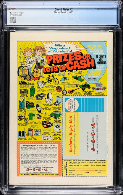 Back of plastic encased comic book featuring an ad JSCA contest. 