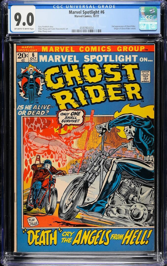 Plastic encased Ghost Rider comic with grading info banner along top. Main image of motorcycle stand off. 
