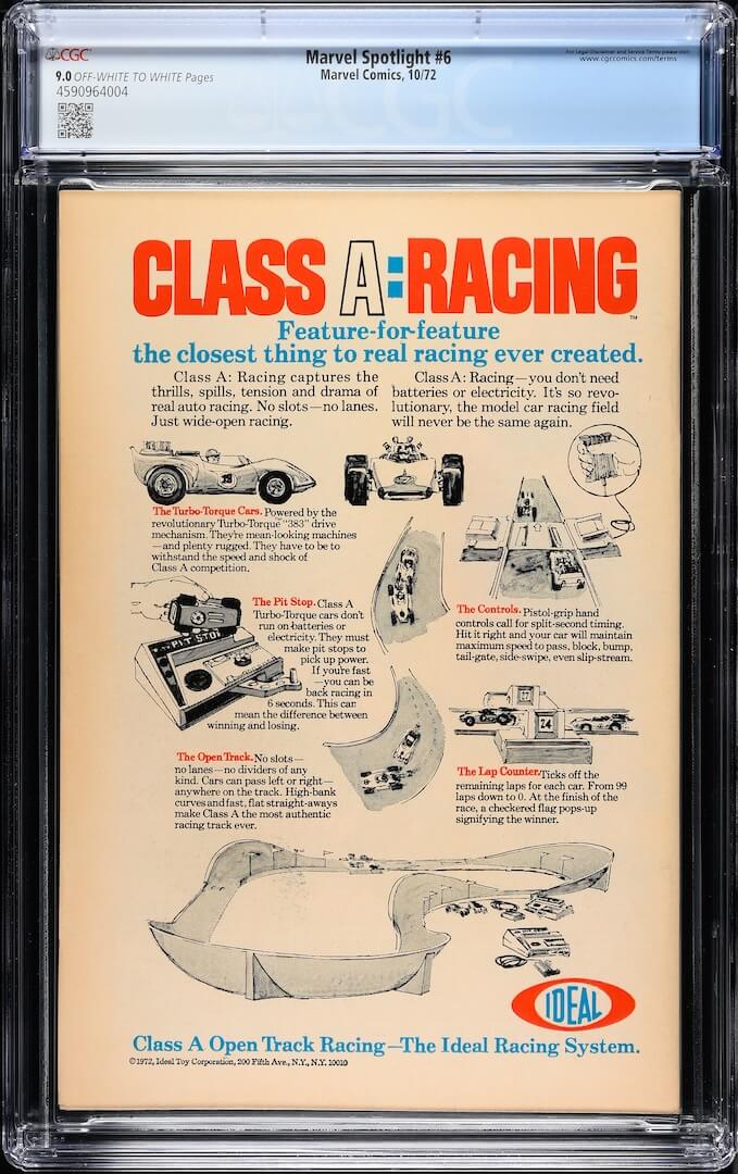 Backside of plastic encased comic book with ad for Class A Racing toys. Grading info in banner at top.
