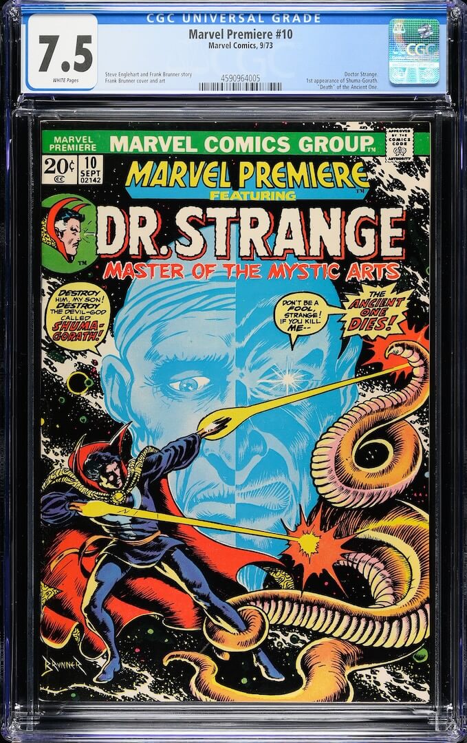 Plastic encased Dr. Strange comic with grading info banner at top. Main image is Strange battling tentacles. 