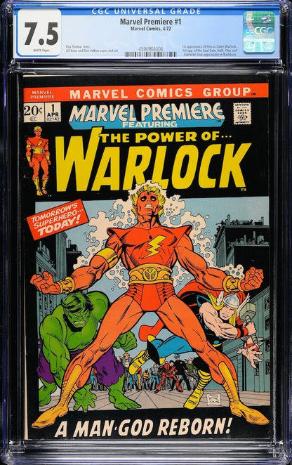 Plastic encased Marvel comic with grading info banner at top. Main image of Warlock and Avengers. 