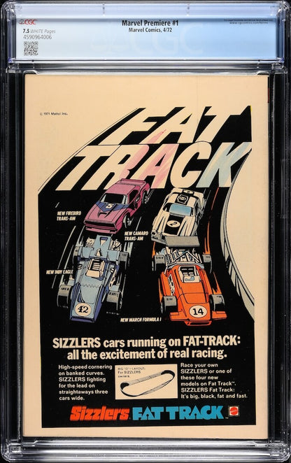 Backside of plastic encased comic book with ad for Sizzlers Fat Track by Mattel. Grading info in banner at top.