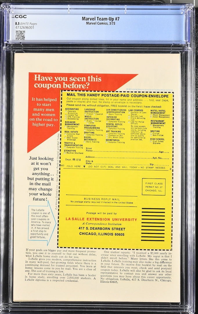 Back cover of encapsulated comic book featuring a full page ad and submission form for La Salle University. 