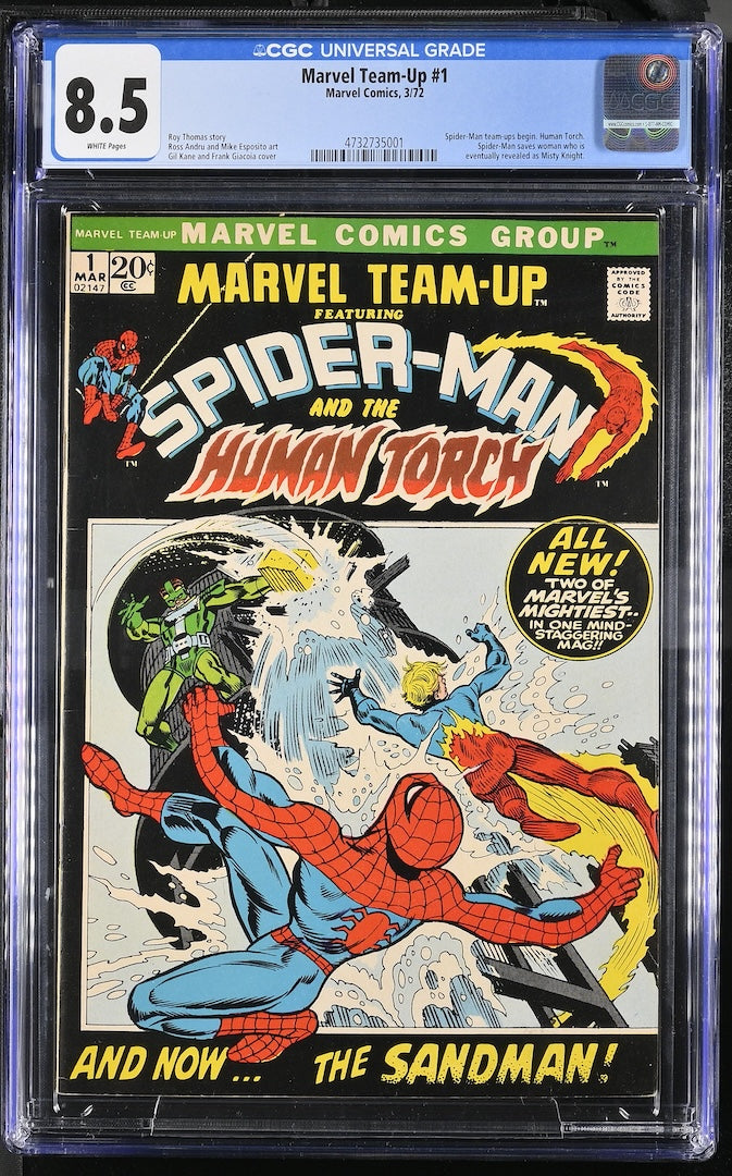 Plastic encapsulated comic book featuring Spiderman and Human Torch battling a foe on the cover.