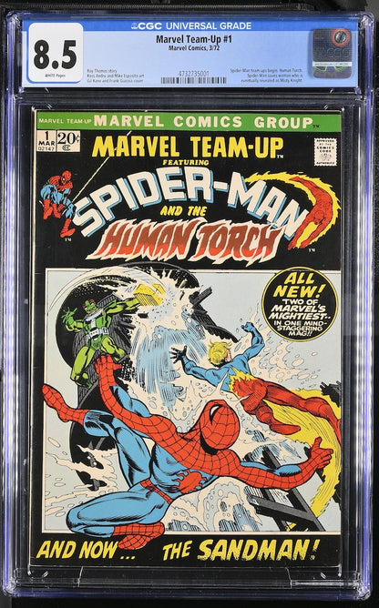 Plastic encapsulated comic book featuring Spiderman and Human Torch battling a foe on the cover.