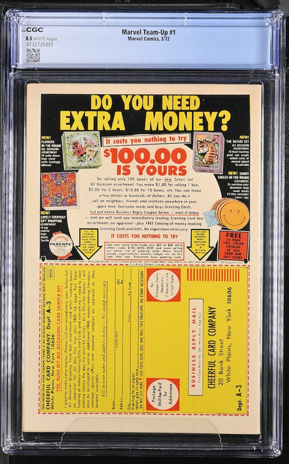 A graded vintage Marvel Team-Up #1 comic book ad on back page. Encapsulated in a clear plastic grading case.