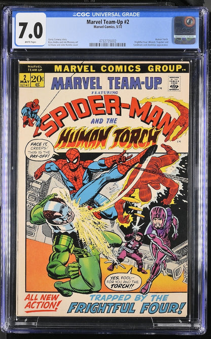 A graded comic book, Marvel Team-Up #2 featuring Spider-Man and The Human Torch, encapsulated.