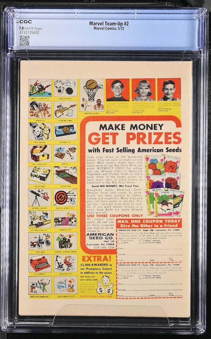 A vintage 1952 Marvel Team-Up #2 advertisement for American Seed Co., graded and encapsulated by CGC.