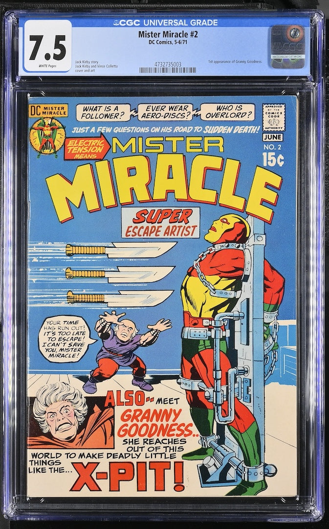A graded comic book, Mister Miracle #2, CGC Universal Grade 7.5, featuring a vintage comic cover. 