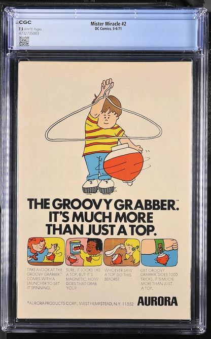 Back cover of encapsulated comic book featuring a full page ad for Aurora top toys. 