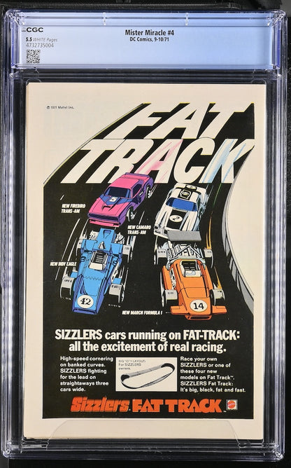 Back cover of encapsulated comic book featuring full page ad for Sizzlers Fat Track toy racetrack. 