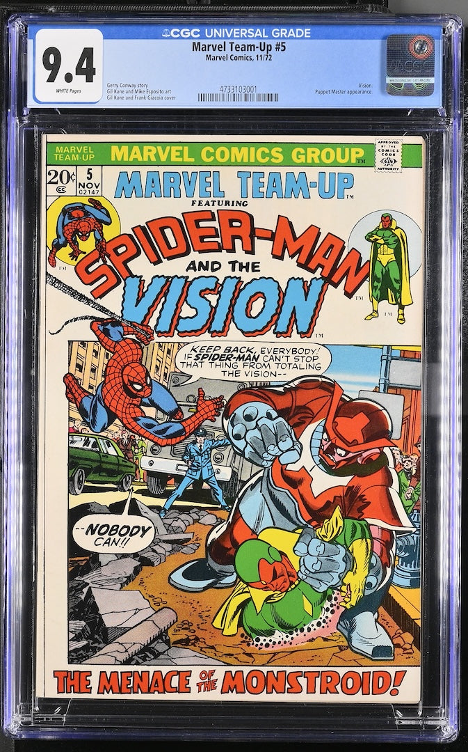 A graded comic book, Marvel Team-Up #15 featuring Spider-Man and the Vision, encapsulated by CGC.
