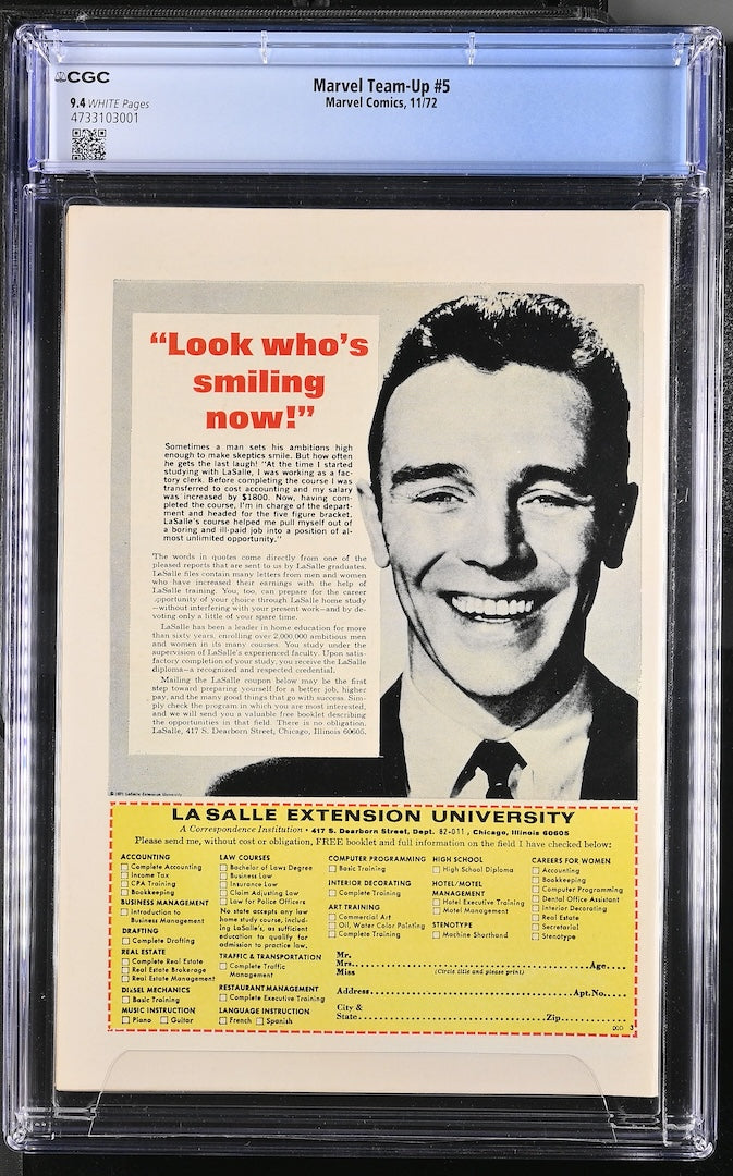 Back cover of encapsulated comic book featuring an ad an submission form for La Salle University. 
