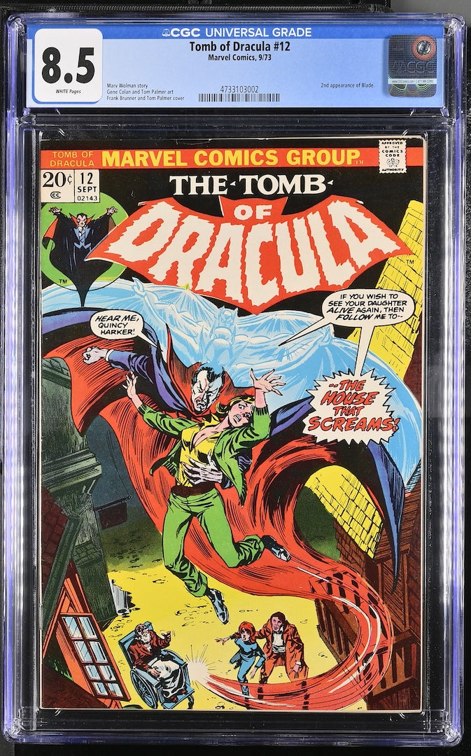 encapsulated comic book with cover showing Marvel Comics' 'The Tomb of Dracula' issue 12, graded CGC 8.5.
