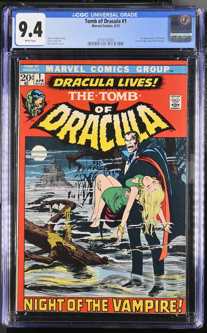 A graded comic book in a clear plastic protective slab, Marvel Comics 'Dracula Lives! The Tomb of Dracula #1'