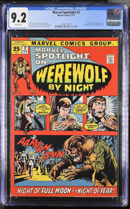 A graded comic book, Marvel Spotlight #2 from Marvel Comics Group, encapsulated in a CGC protective case. 