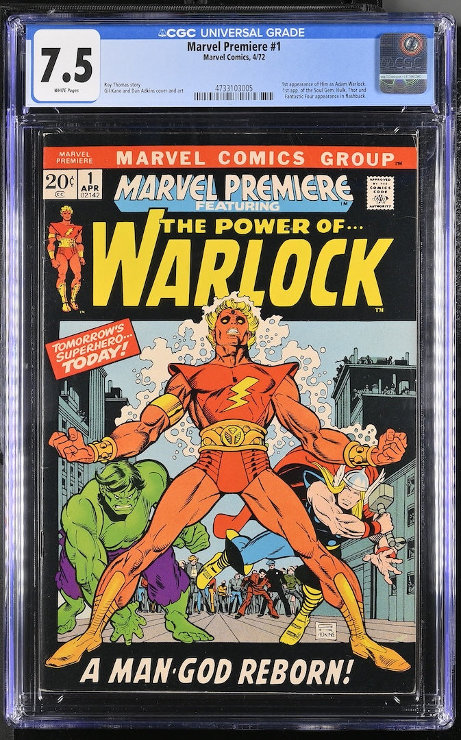 A graded comic book, Marvel Premiere #1 featuring Warlock, encapsulated in a CGC Universal Grade holder.