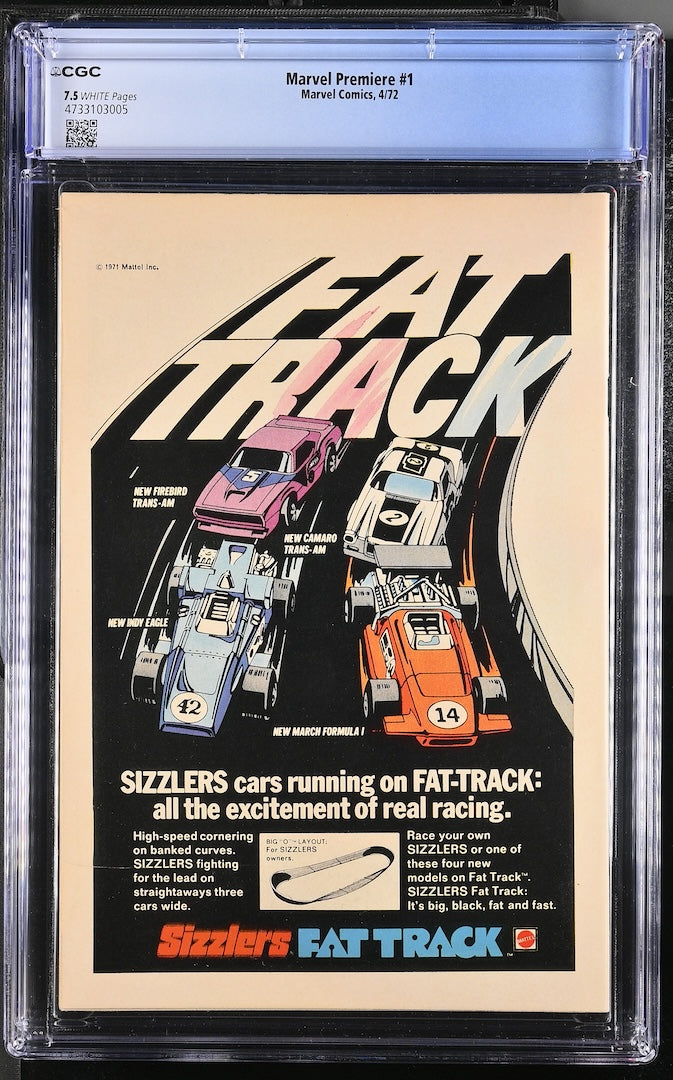 Back cover of encapsulated comic book featuring full page ad for Sizzlers Fat Track toy racetrack. 